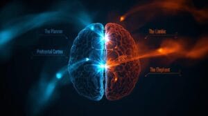 Diagram of the brain's prefrontal cortex vs limbic system in the procrastination battle