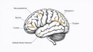 Brain science illustration showing neuroplasticity and DMN for mental health